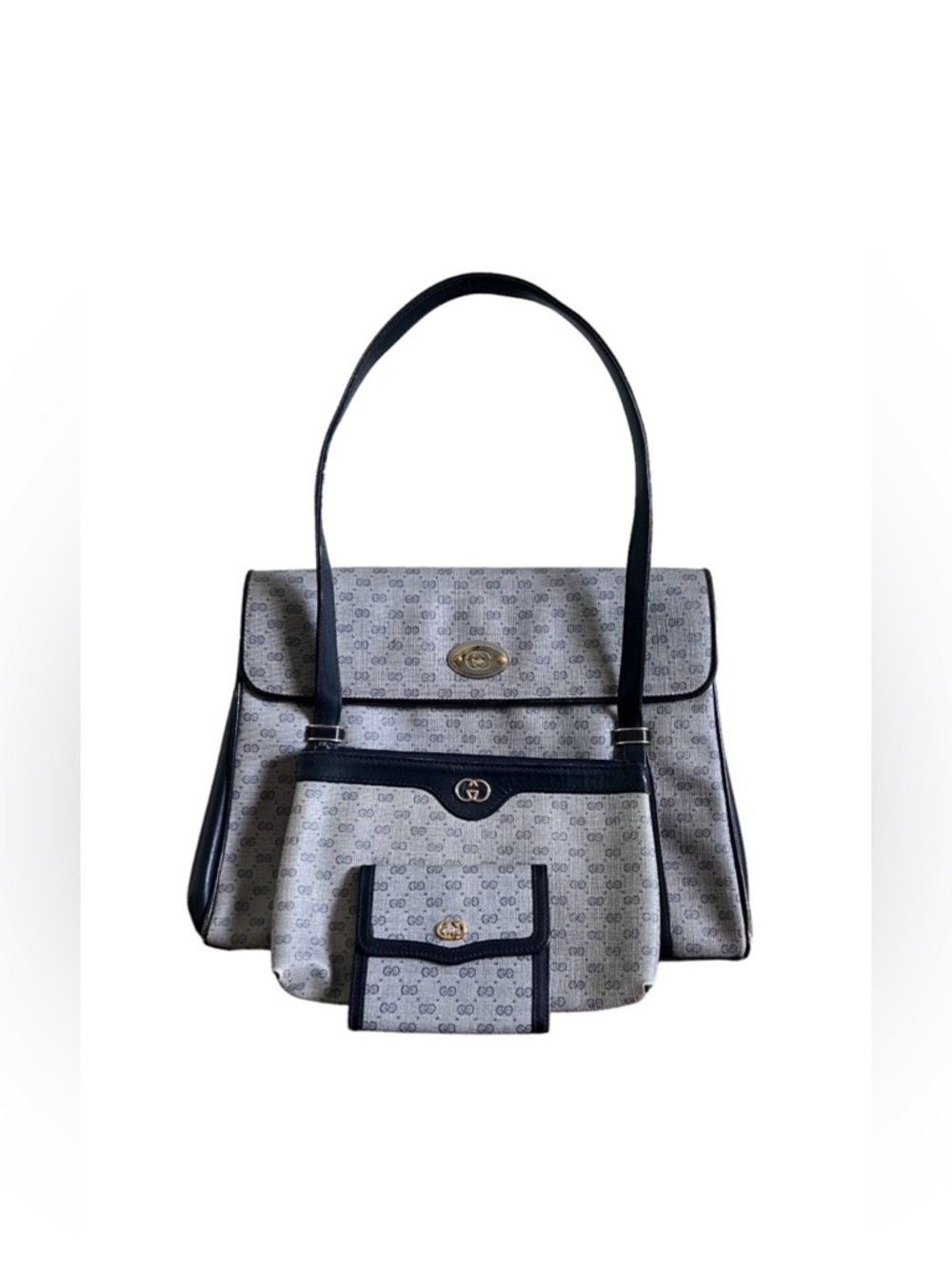 Gucci • 3pc Set Authentic Vintage Navy Blue Micro GG Handbag Purse Pouch Wallet